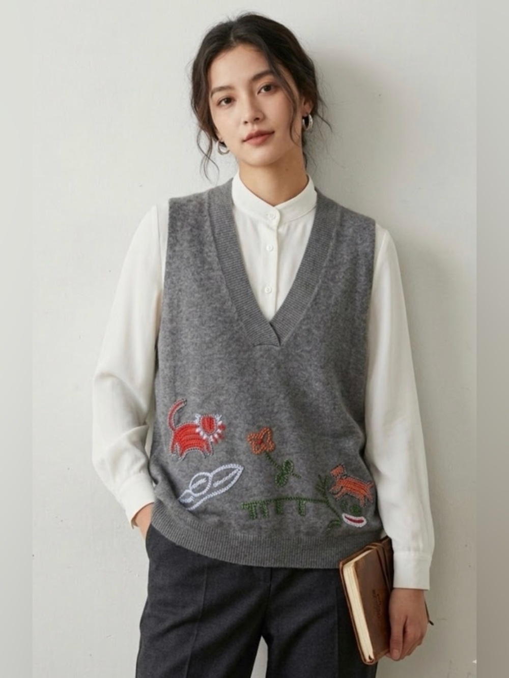 Gray Embroidered V-Neck Knit Vest with Playful Motifs